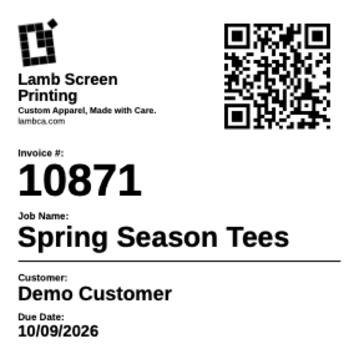 A box label with the invoice number, job name and a QR code for reordering