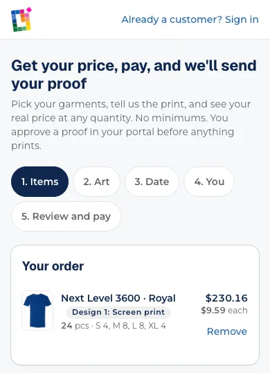 The instant quote page: 24 Next Level 3600 tees in Royal, screen printed, at $9.59 each, $230.16