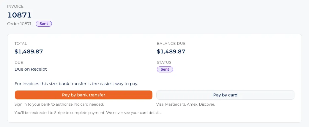 The customer portal invoice page with two ways to pay: by bank transfer or by card