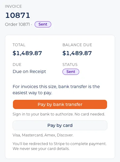 The customer portal invoice page with two ways to pay: by bank transfer or by card