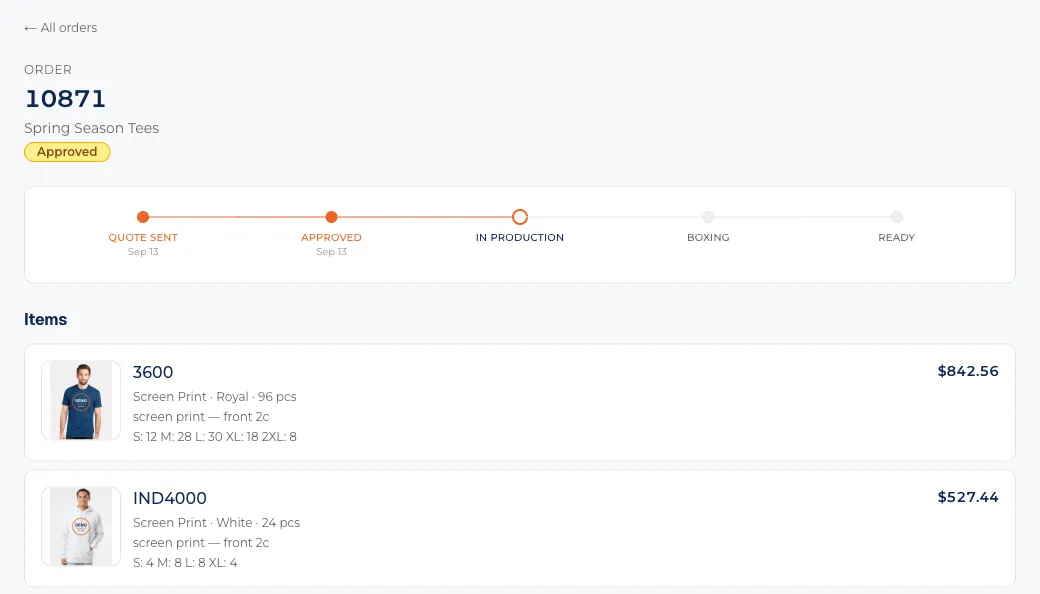 The customer portal order page: a timeline at In production, then the items on the order