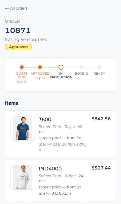 The customer portal order page: a timeline at In production, then the items on the order