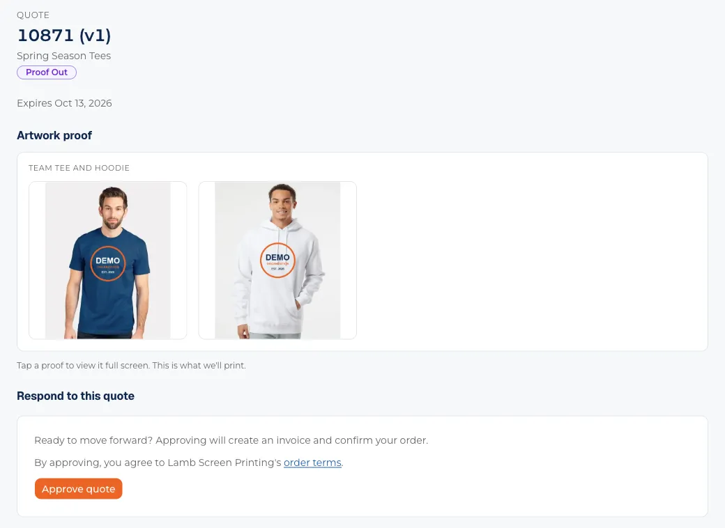 The customer portal quote page: the artwork proof, then the Approve quote button