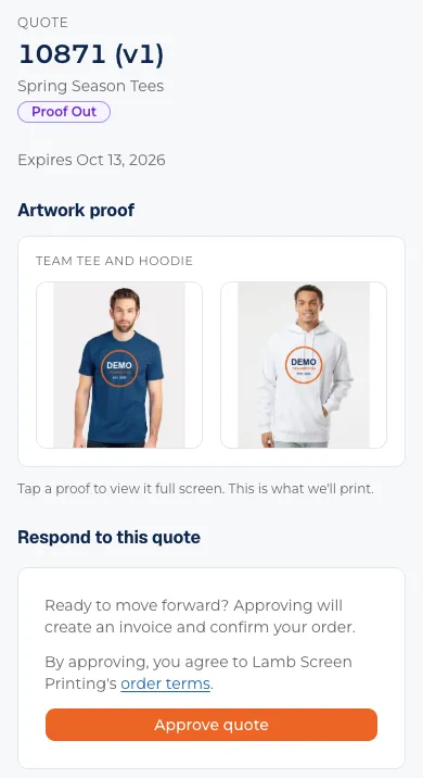 The customer portal quote page: the artwork proof, then the Approve quote button