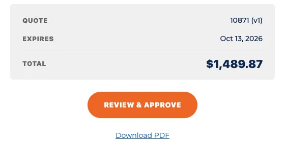 The quote email: quote number, expiry date, total and a Review and Approve button