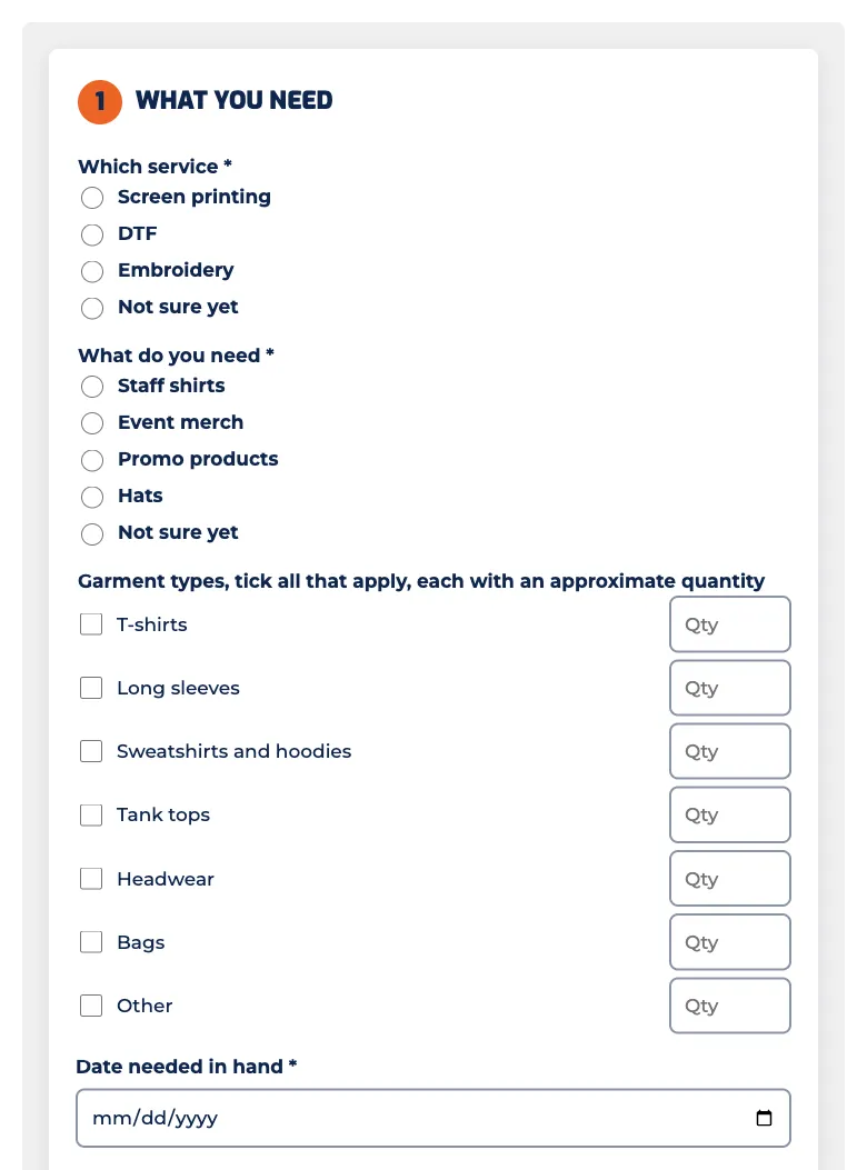 The start-order form on this site: which service, what you need, garment types with quantities and the date needed
