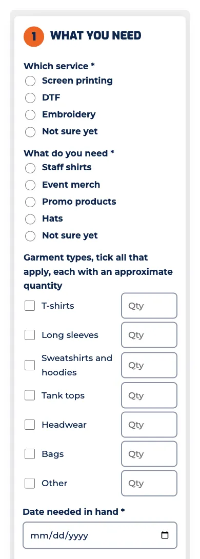 The start-order form on this site: which service, what you need, garment types with quantities and the date needed