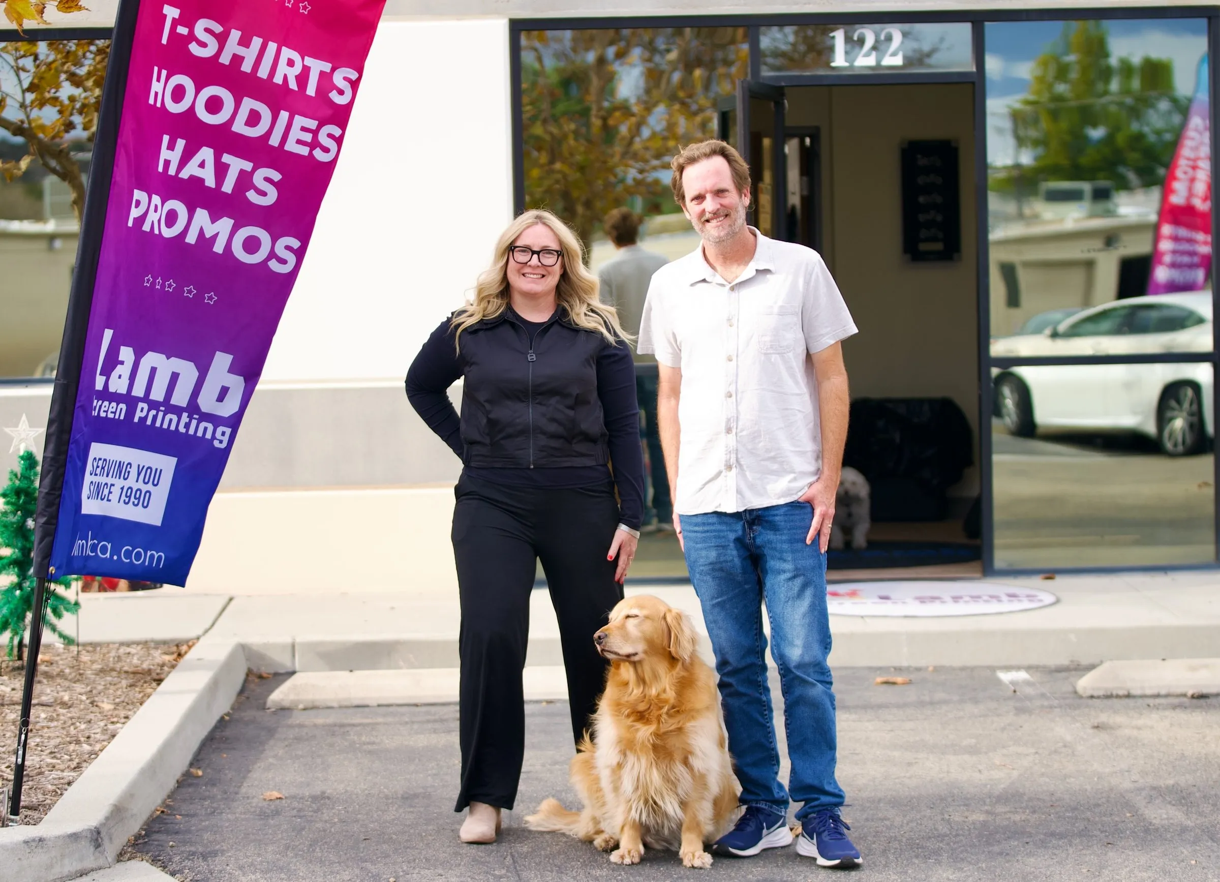 Alison and Ryan Lamb outside the Ste 122 entrance of the San Marcos shop.