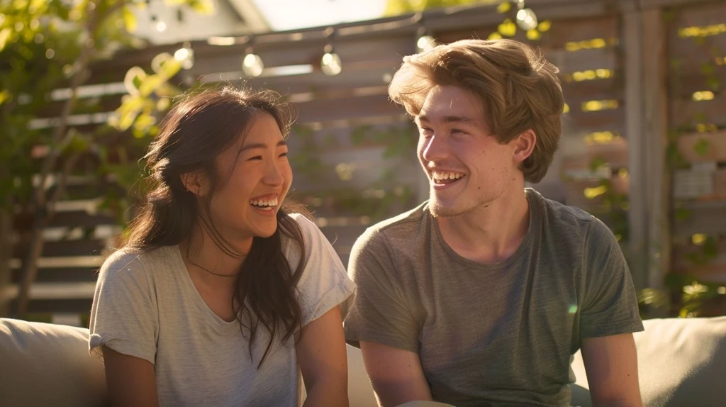 A man and woman in tri-blend shirts laugh in cozy outdoor setting.