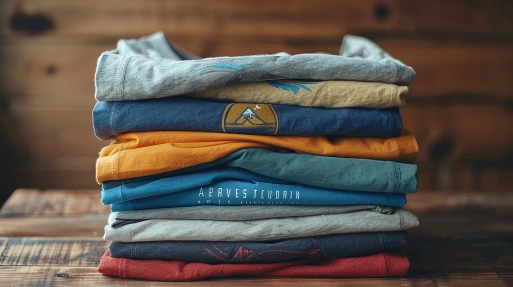 A stack of neatly folded promotional tri-blend t-shirts with logos.
