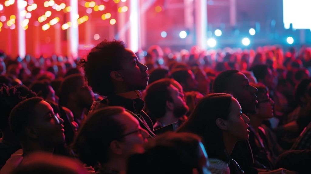 Audience members engrossed in a performance, with colorful stage lighting in the background.