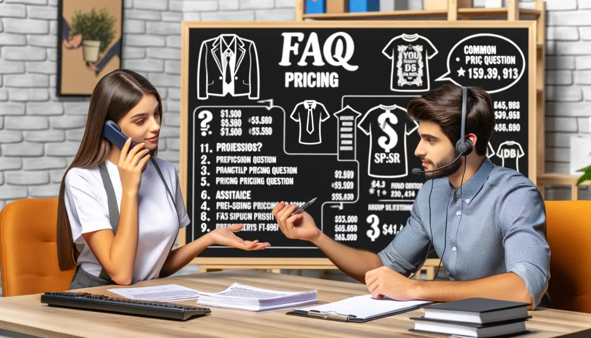 Two customer service agents, a woman and a man, working in an office, discussing over documents and wearing headsets, with pricing and faq graphics in the background.
