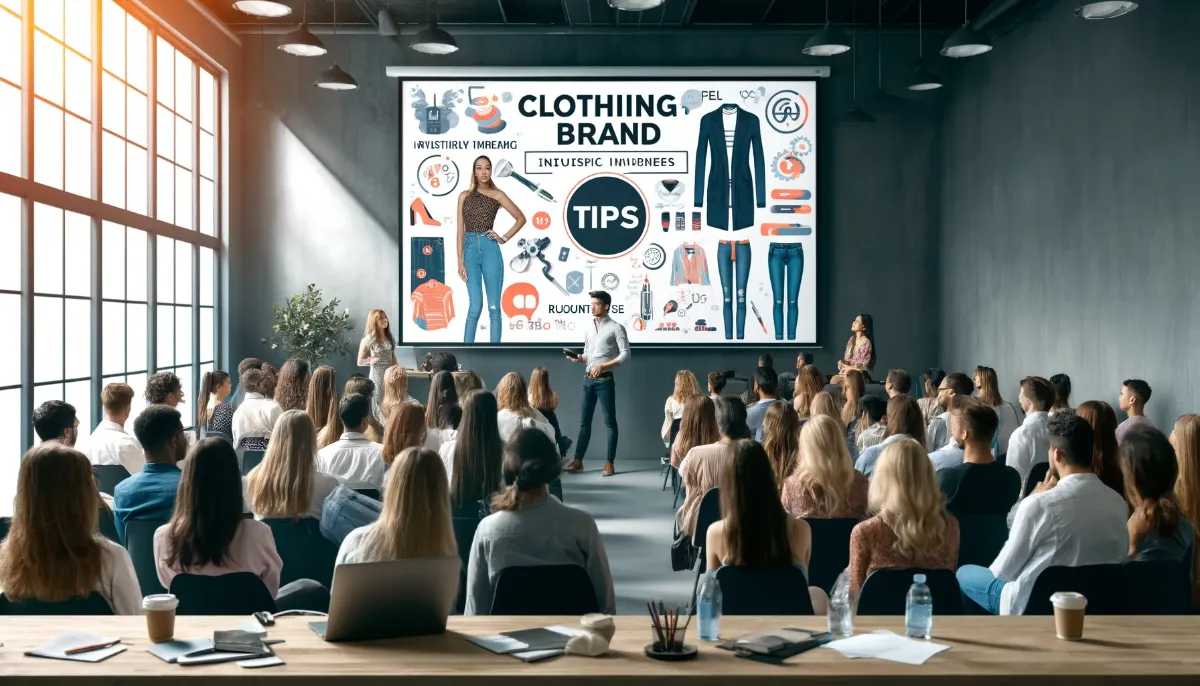A presentation about clothing brands in a modern office, with a diverse audience listening to a speaker near a large, colorful infographic.