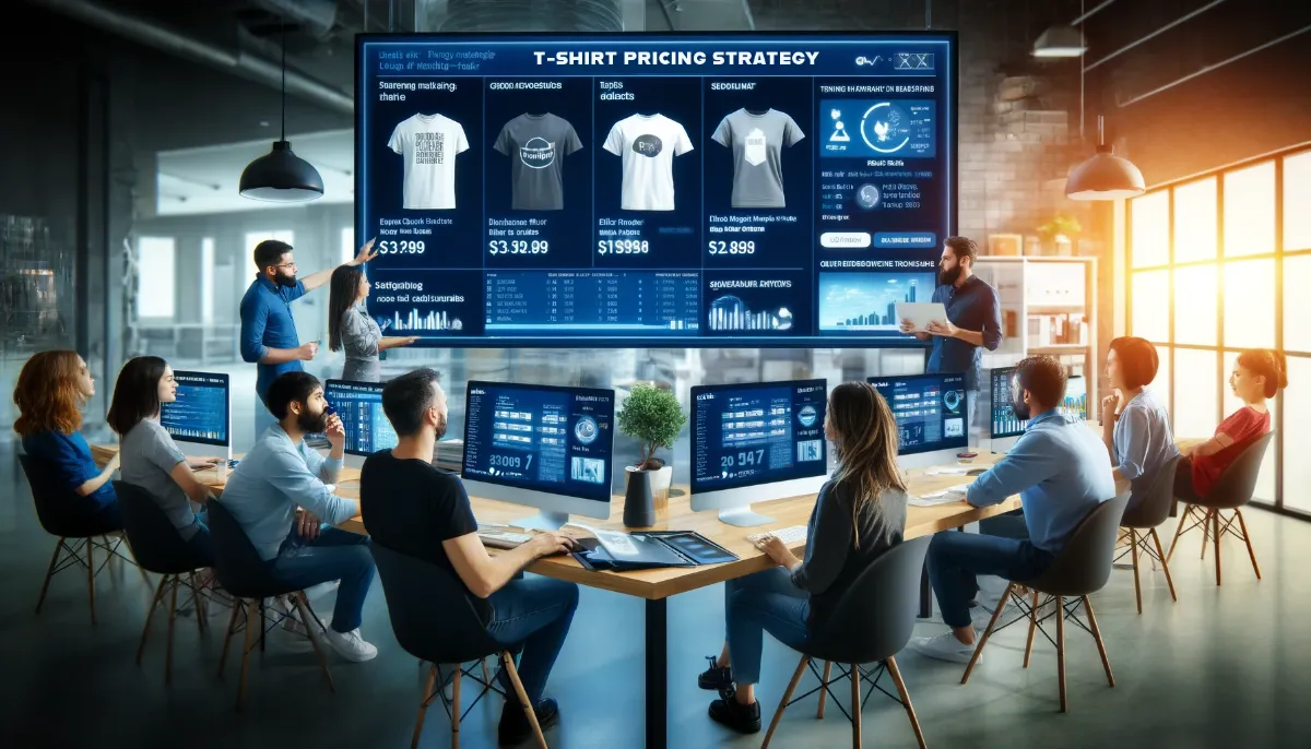 Business team discussing t-shirt pricing strategies in a modern office with multiple digital screens displaying data charts and graphics.