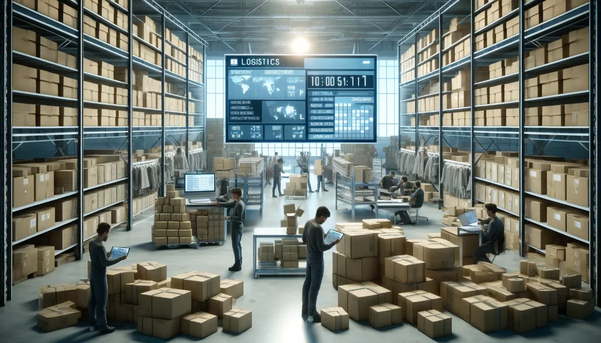 Large warehouse with workers managing packages, large digital clocks and logistics data displayed on screens overhead.