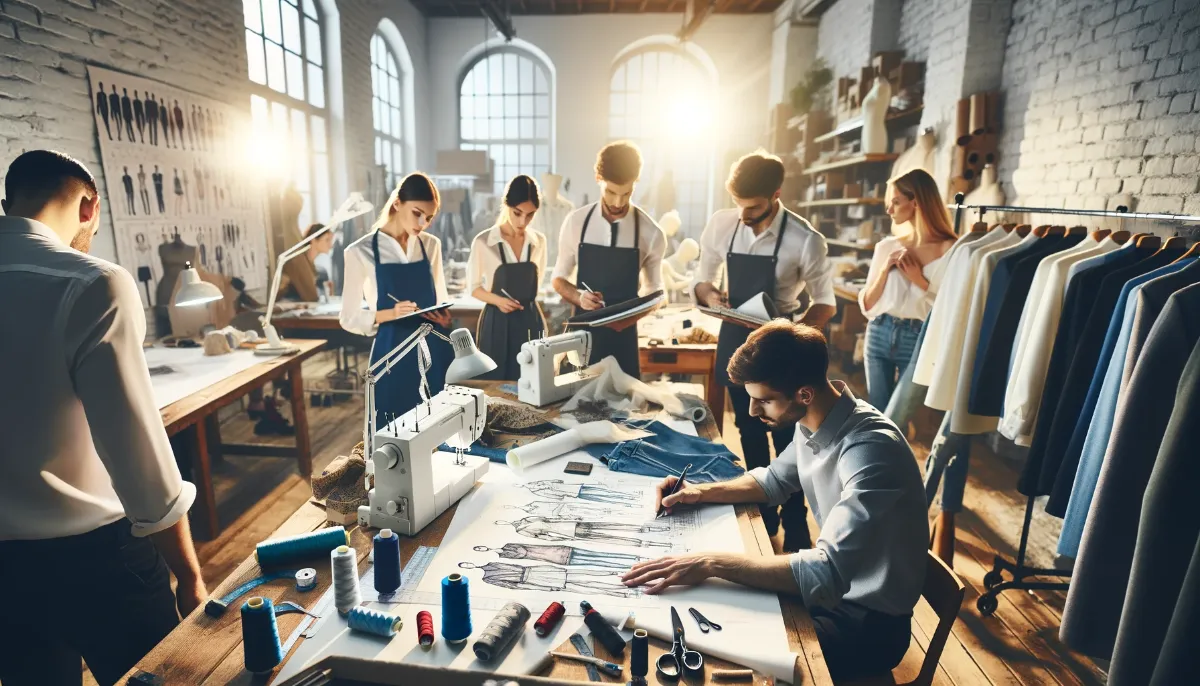 A bustling fashion design studio with several designers working on sketches and sewing machines, surrounded by garments and fabric.