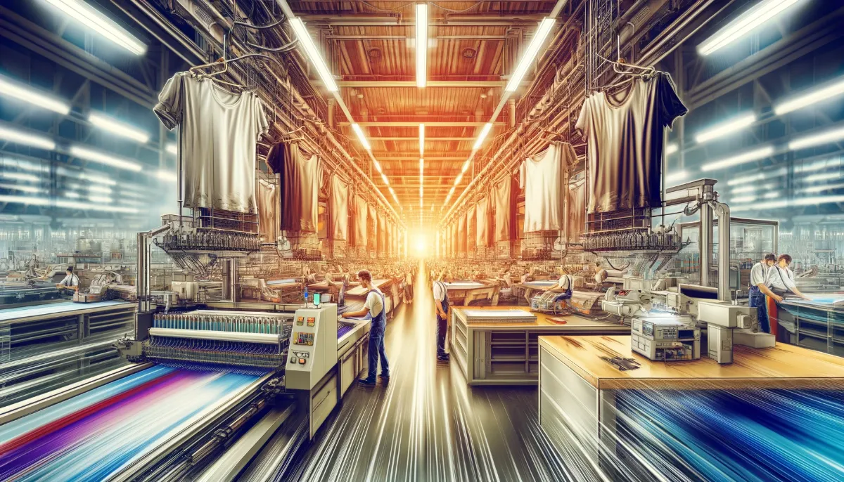 A futuristic textile factory with vibrant light beams, featuring advanced machinery and workers monitoring production.