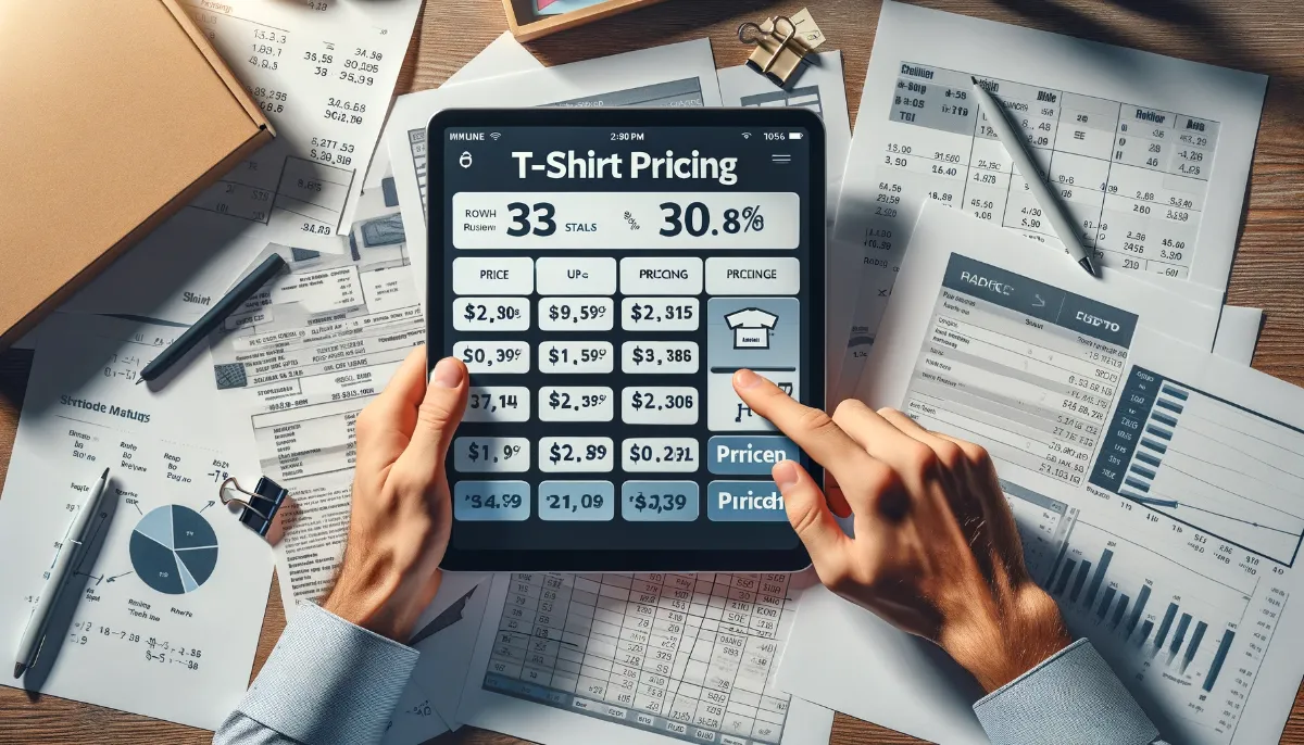 A person examining t-shirt pricing data on a tablet, surrounded by financial papers on a wooden desk.