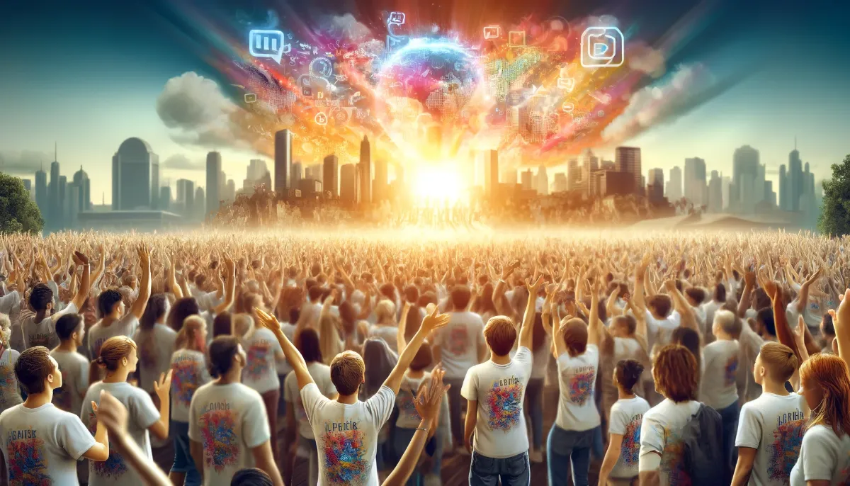 A large crowd of people raising their hands towards a vibrant, explosion of digital icons and symbols in the sky above a city skyline at sunset.