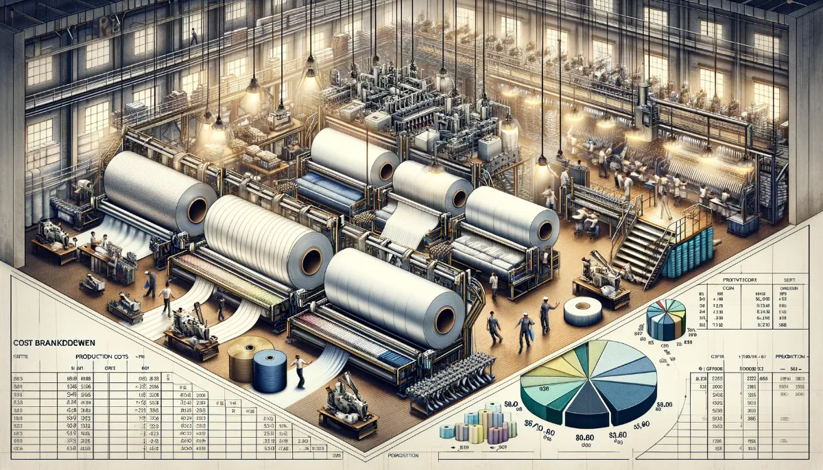 Illustration of a busy paper mill factory interior, showing large paper rolls, machinery, workers, and embedded production cost charts.