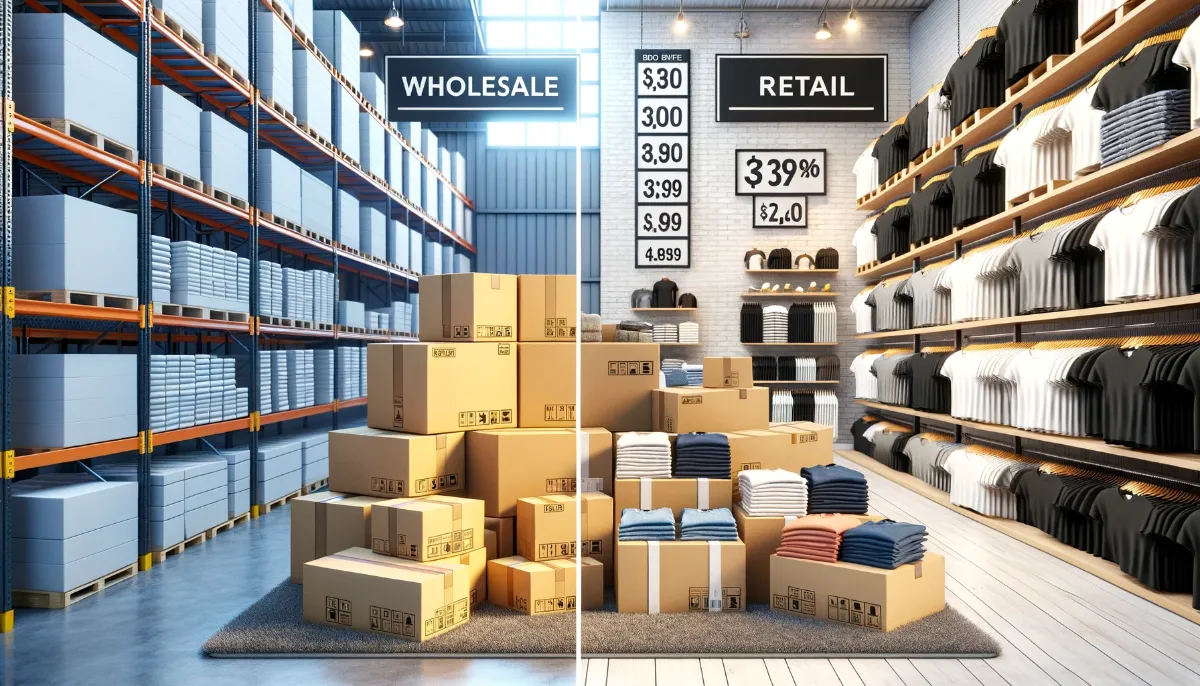 Side-by-side comparison of a wholesale warehouse and a retail clothing store, highlighting differences in presentation and pricing.