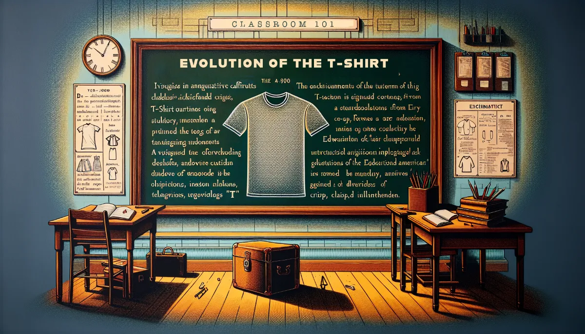 Vintage illustration of a classroom with chalkboard displaying "What Does The T In T-Shirt Mean," desks, educational charts, and old-fashioned teacher's desk.