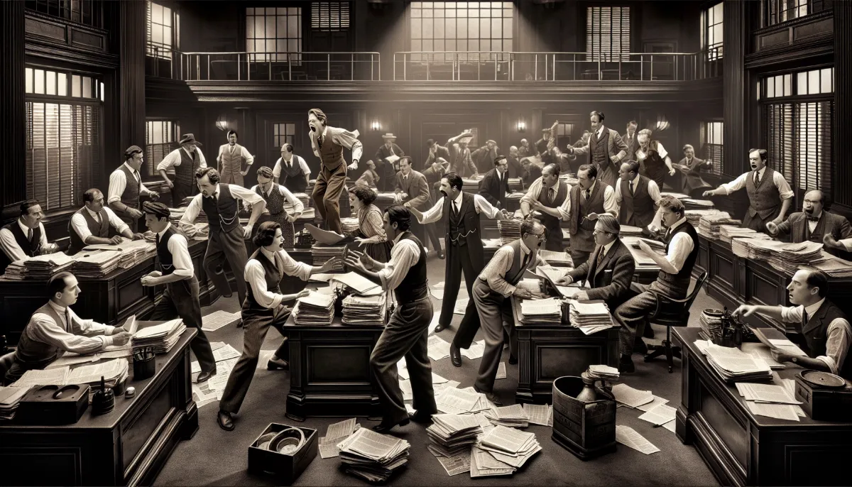 Black and white image depicting a busy vintage newsroom with numerous journalists, some seated at desks writing and others standing and discussing T-shirt designs, in an expansive, elegantly detailed office.