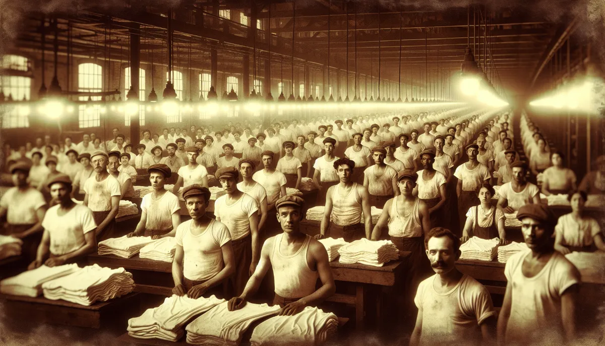Vintage sepia-toned photo of a large group of workers wearing T-shirts and hats, sitting at long tables in an industrial factory setting.
