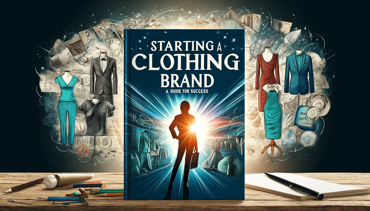 Creative book cover titled "Starting a Clothing Brand" featuring a silhouette with dynamic colorful illustrations of clothing and design elements, placed on a wooden desk with drawing tools and notes.