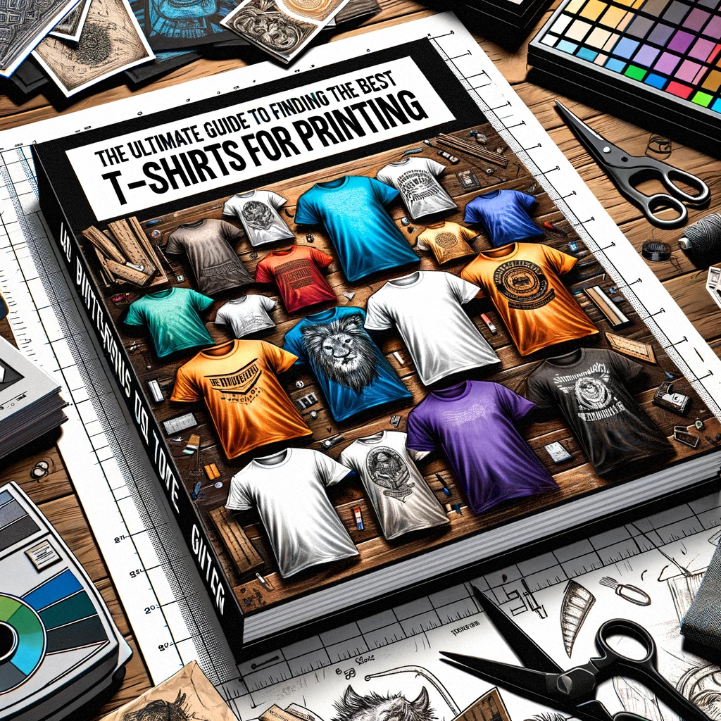 Graphic design desk with a guidebook on finding the best t-shirts for printing, surrounded by tools, color palettes, and diverse styled t-shirts.