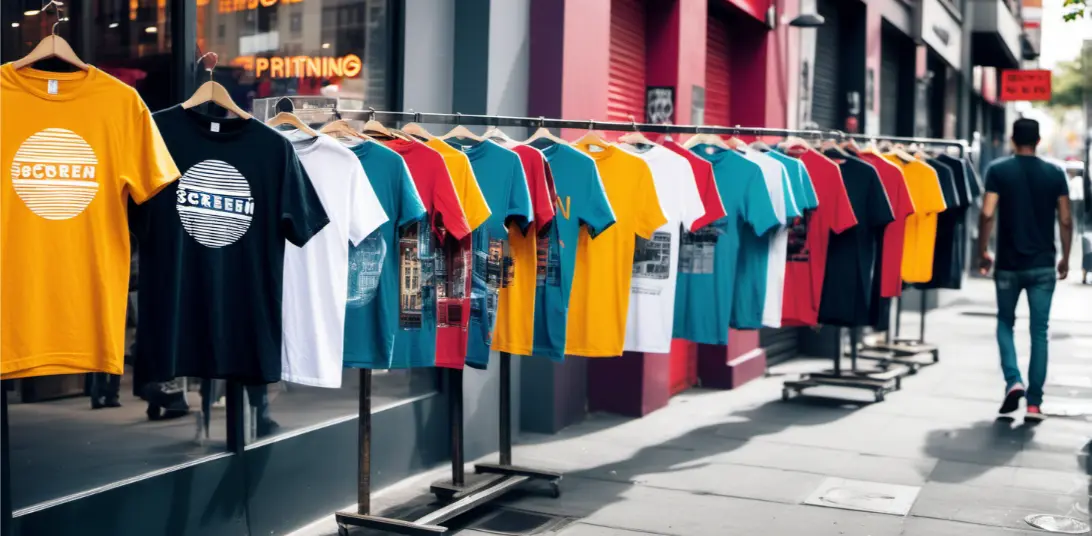 Colorful t-shirts displayed on a rack outside a store.