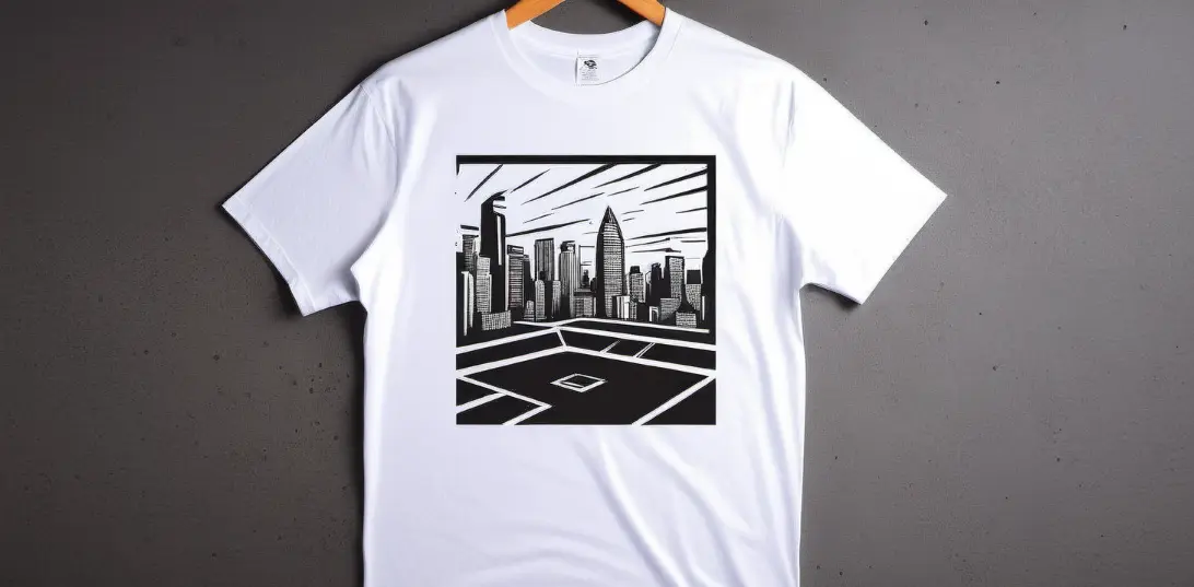 White t-shirt with black and white cityscape graphic design displayed on a gray background.