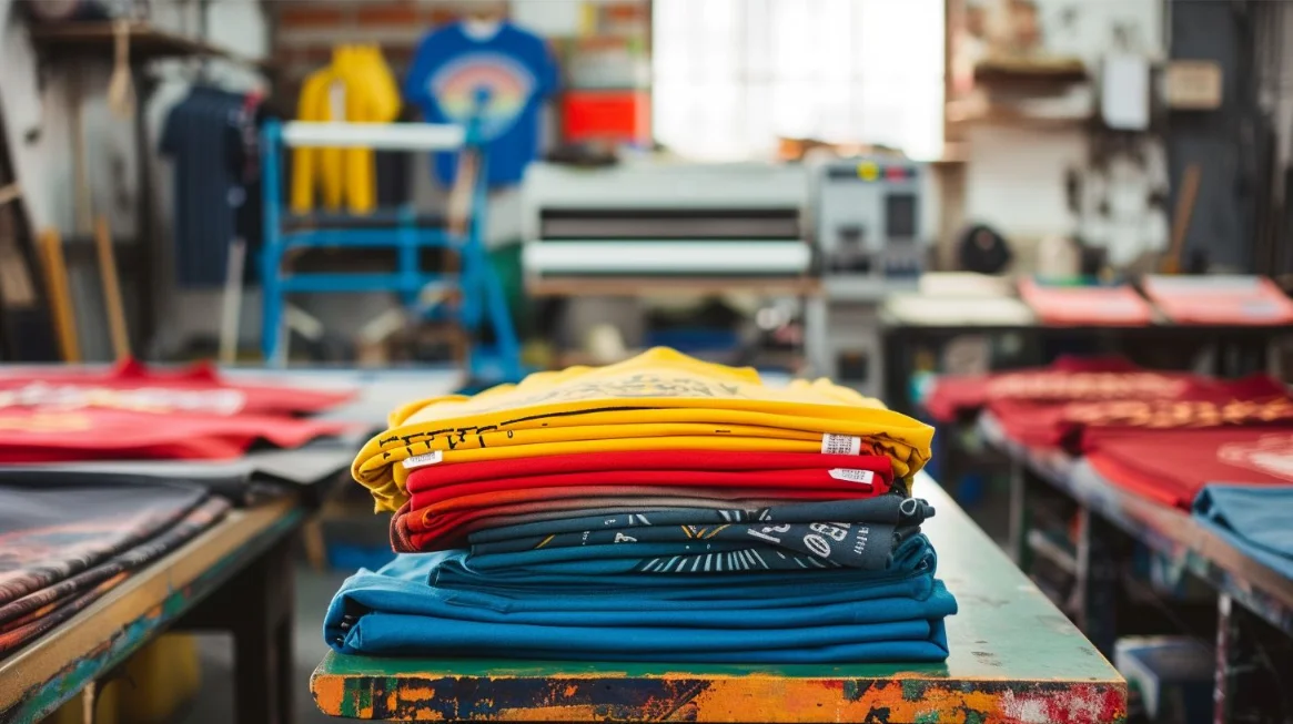 Stacks of colorful printed t-shirts on a worktable in a screen printing workshop with an operator in the background.