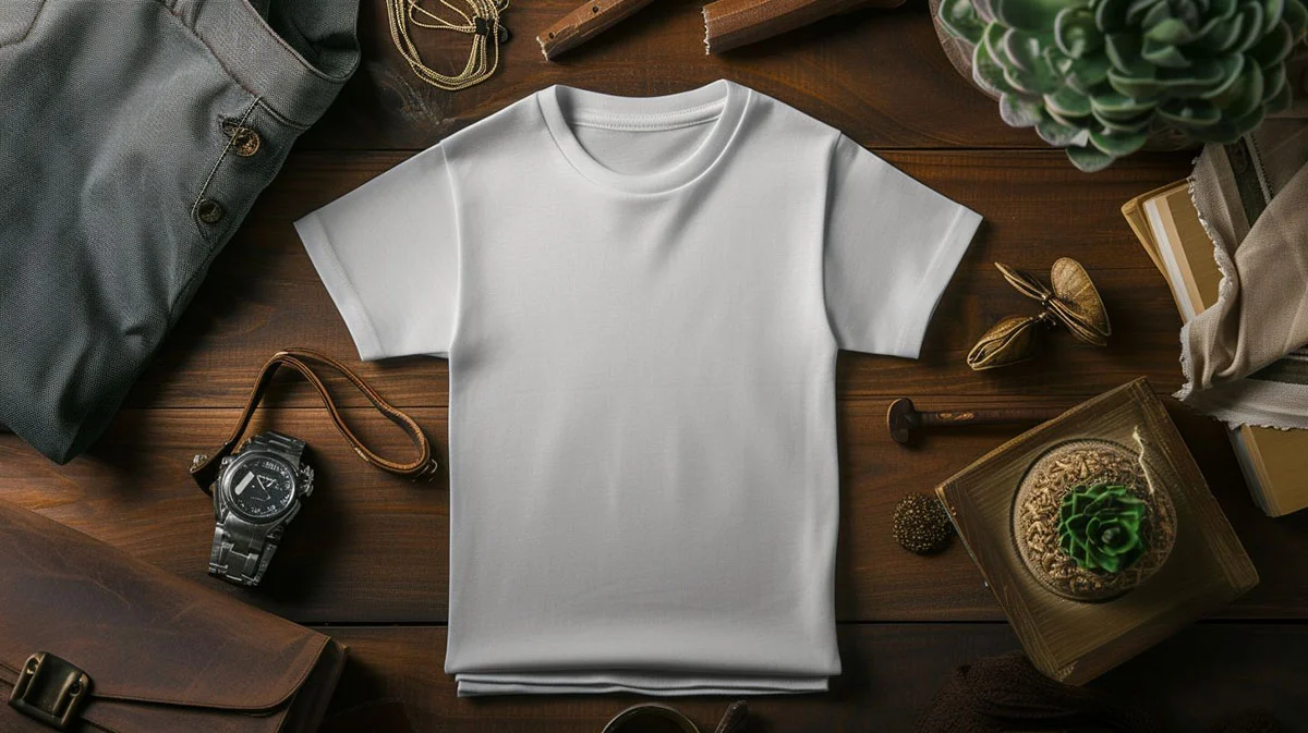 Plain white t-shirt displayed on a wooden surface surrounded by various accessories and personal items.