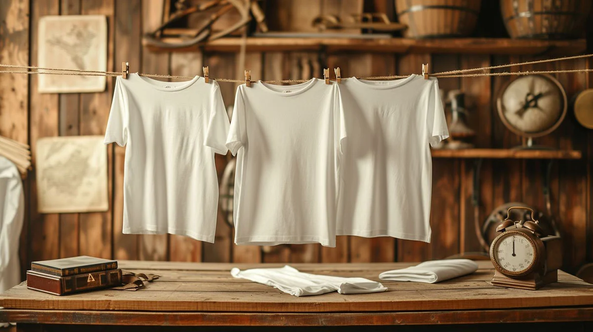 Three white t-shirts hanging on a clothesline indoors with a vintage ambiance, accompanied by a classic alarm clock and a small box on a wooden surface.