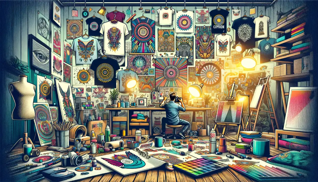 An artist immersed in creating a piece in a vibrant, cluttered studio filled with eclectic artwork and supplies.