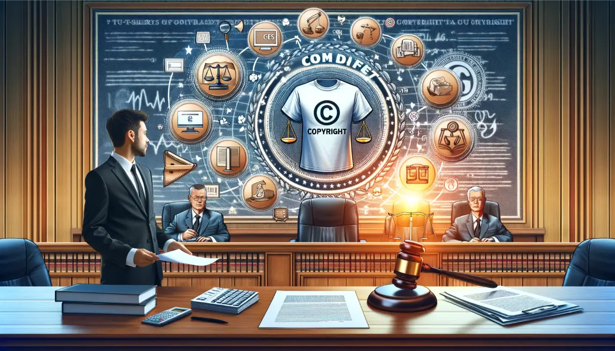 A lawyer presents in a courtroom, with a digital overlay of intellectual property symbols and concepts.