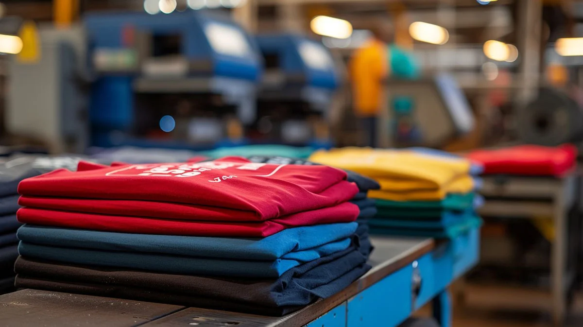 Stacks of colorful t-shirts on a table in a garment factory with machinery in the background.