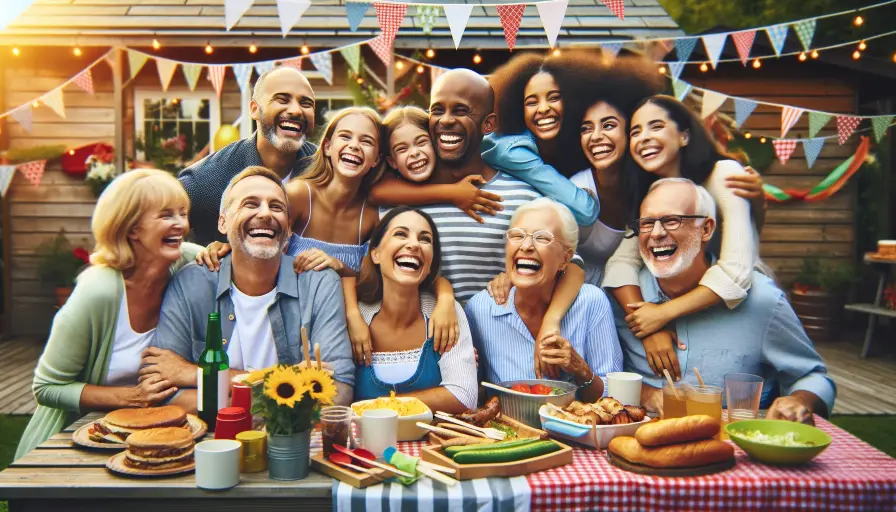 A multi-generational group of people enjoying a barbecue party outdoors.