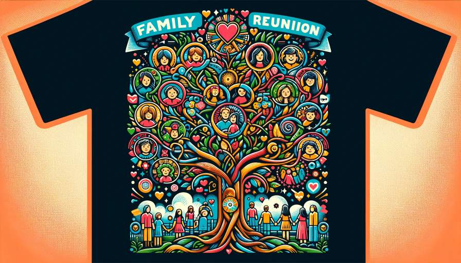 Colorful family reunion t-shirt design featuring a tree with portraits of family members and hearts.