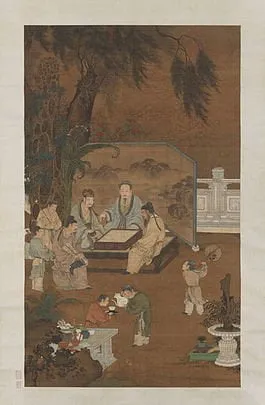 A traditional east asian painting depicting a scholarly gathering in a serene garden.