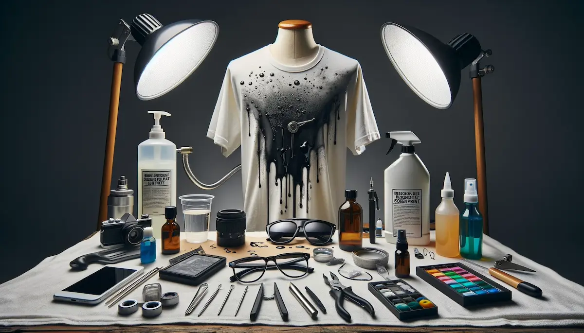 Mannequin wearing a paint-splattered t-shirt surrounded by artistic tools and photography equipment under studio lighting.