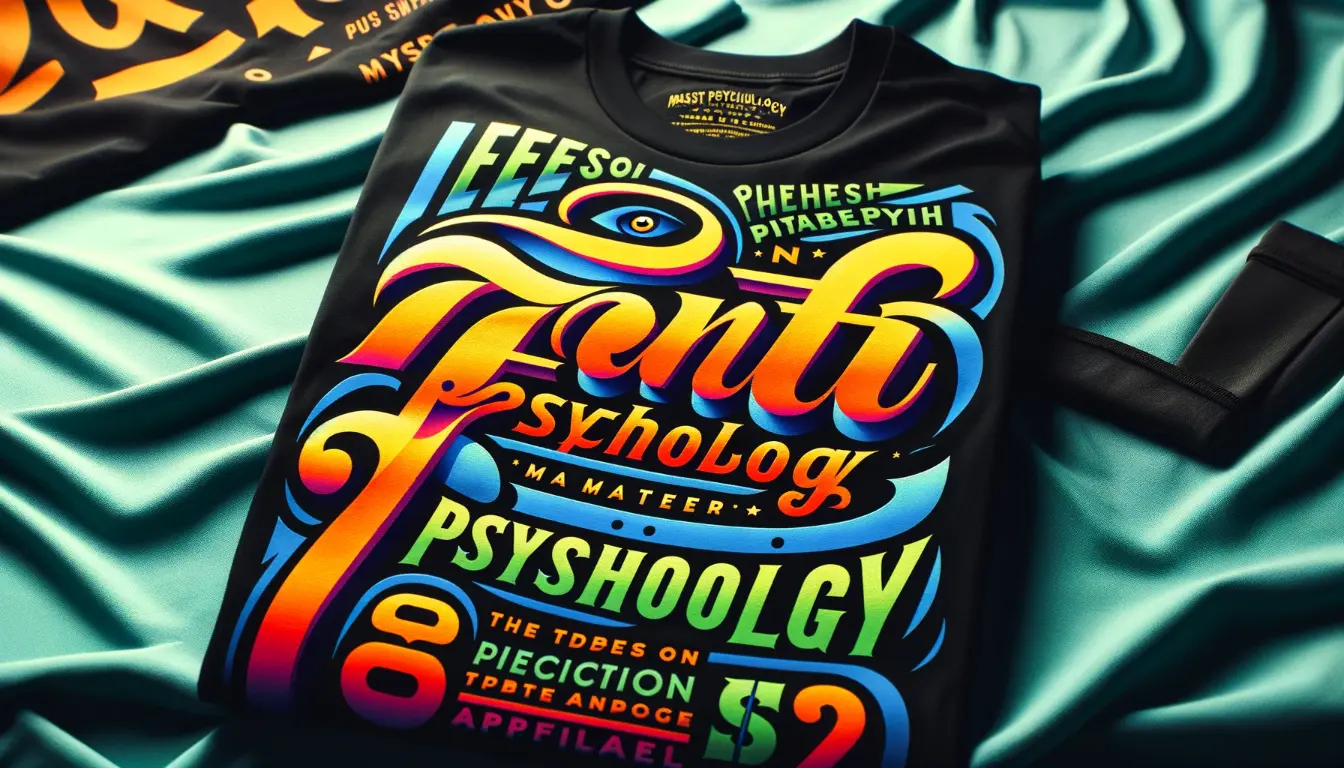 A colorful graphic t-shirt with playful typography designs laid out on a teal fabric surface.