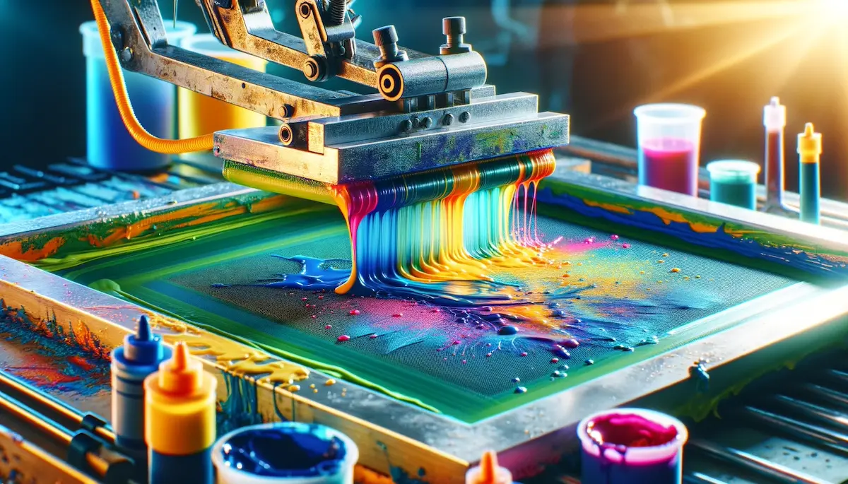 A colorful screen printing process in action, with vibrant inks being applied to a surface.