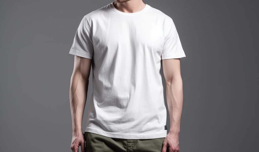 Man wearing a plain white t-shirt and green pants standing against a gray background.