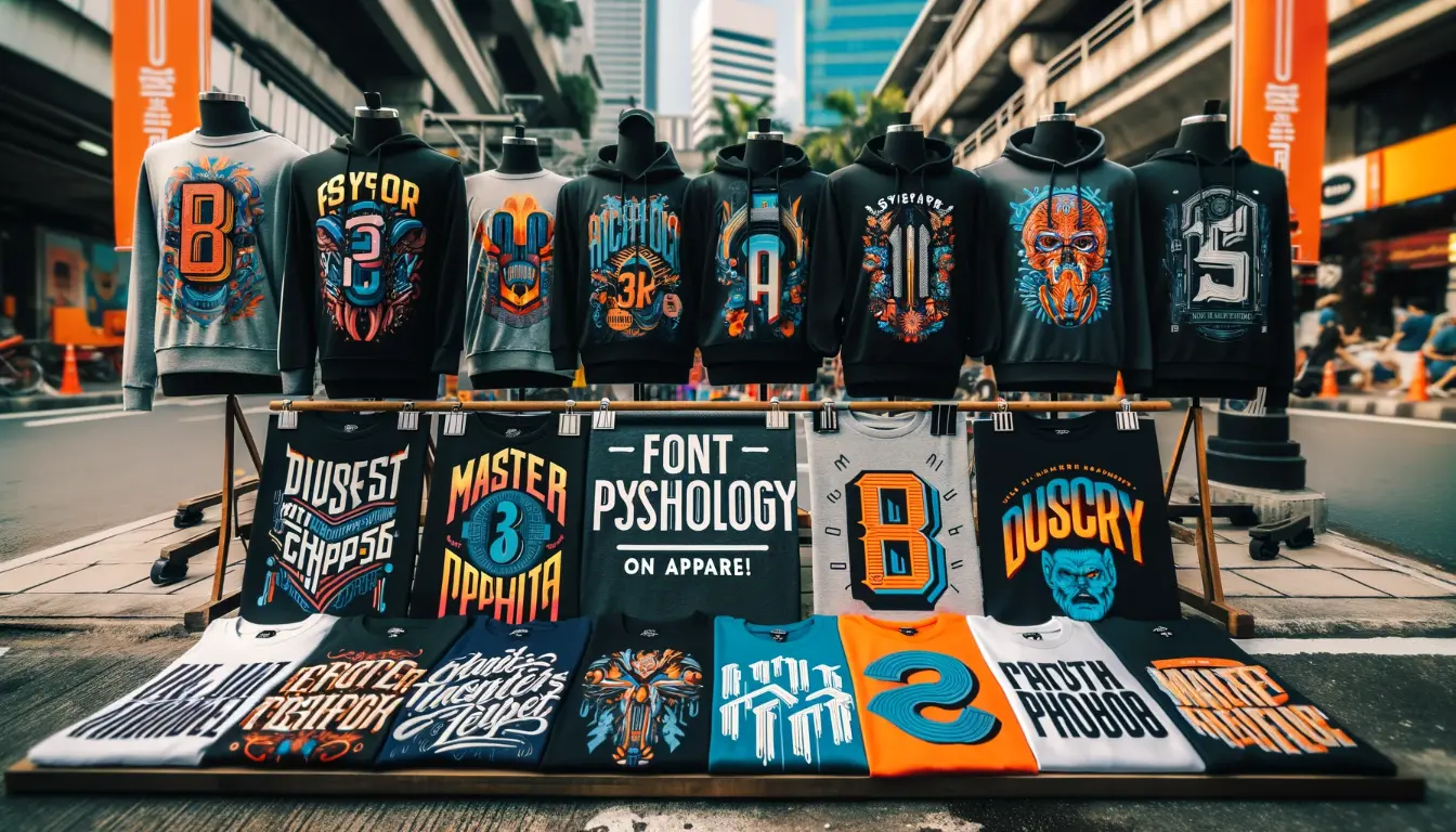 A street vendor's display featuring a variety of graphic t-shirts with bold typography and designs, set up on a busy urban sidewalk.