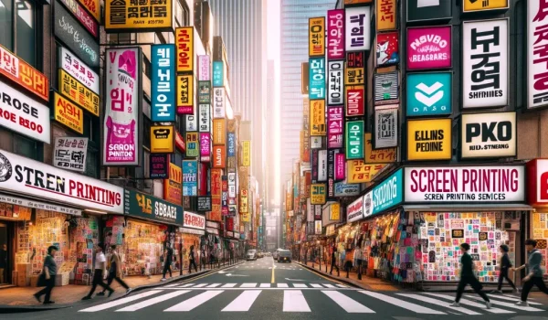 Pedestrians crossing a vibrant urban street lined with colorful advertisements and signage.