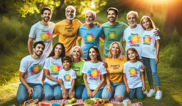 A multi-generational family wearing colorful t-shirts with positive words enjoys a picnic in a sunlit park.