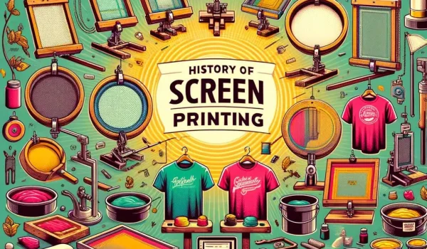 An illustrated overview of the history of screen printing equipment and techniques throughout history.