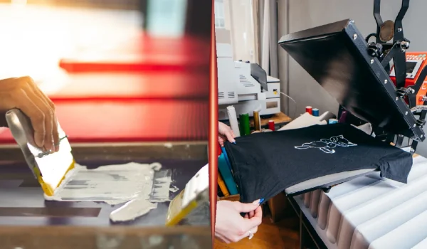 Silkscreen printing process on the left and heat press machine applying a design on a t-shirt on the right.